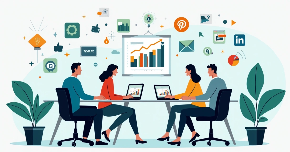 Ilustração corporativa de equipe trabalhando em marketing digital com computadores, gráficos e ícones de redes sociais