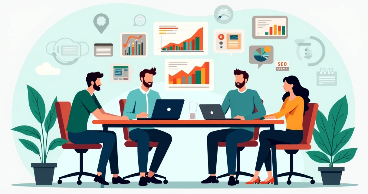 Equipe de agência de marketing revisando estratégias com gráficos e laptops em escritório moderno