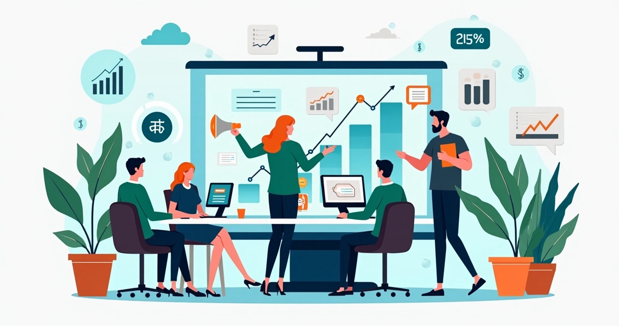 Ilustração corporativa plana da integração entre marketing, tecnologia e vendas com equipe trabalhando em projetos e gráficos de crescimento