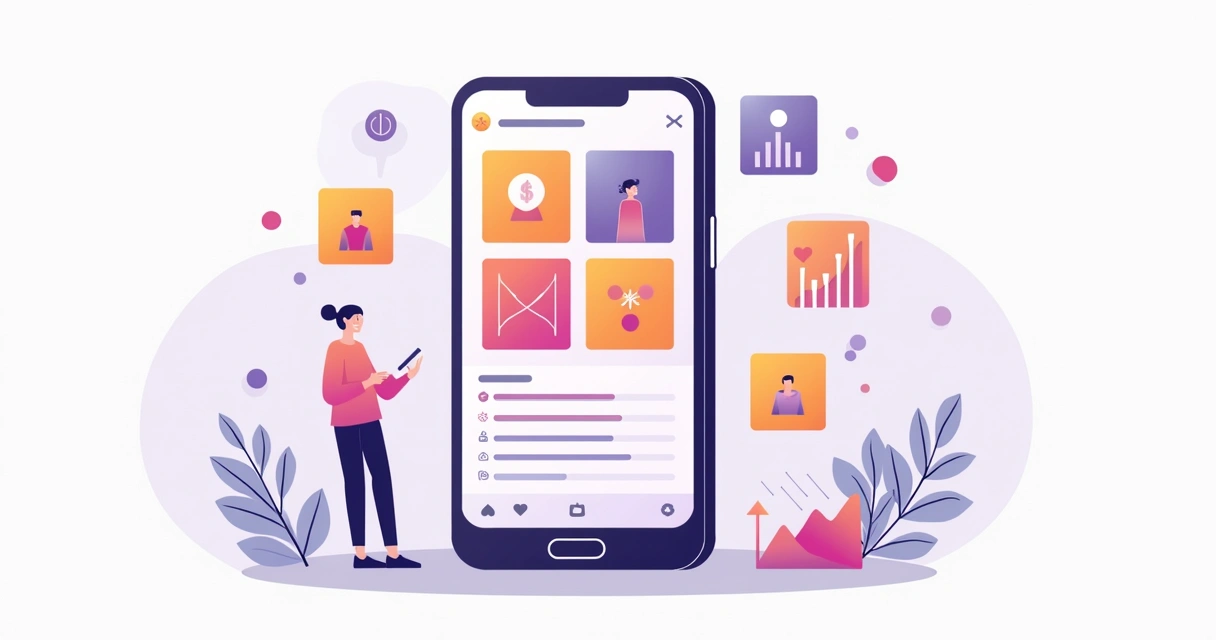 Ilustração corporativa plana mostrando um smartphone com tela do Instagram exibindo anúncios pagos em formato carrossel, ao redor ícones de segmentação de público, orçamento e métricas de desempenho