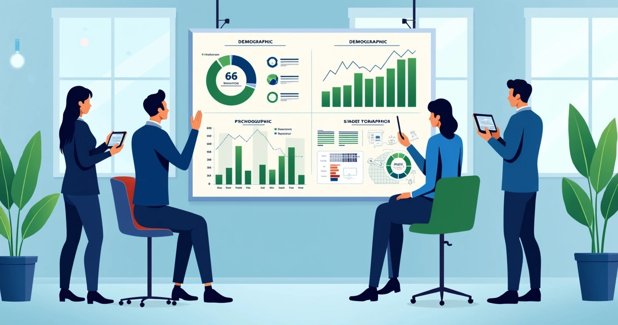 Ilustração corporativa de uma equipe analisando gráficos de segmentação de público-alvo com ícones demográficos e tecnológicos ao fundo