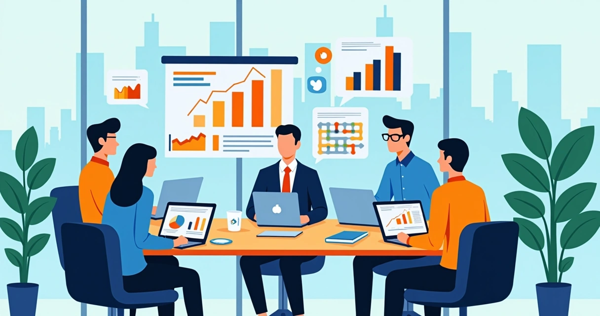 Equipe de marketing trabalhando em estratégia digital com telas de gráficos e redes sociais