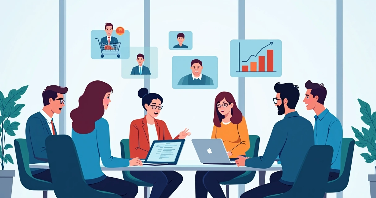 Equipe de vendas discutindo estratégias com gráficos e ícones tecnológicos ao redor