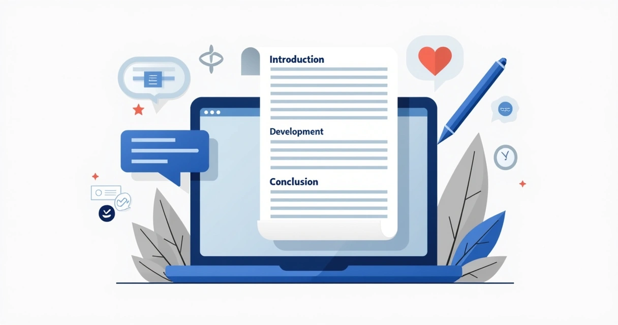 Ilustração corporativa plana mostrando a estrutura de um editorial com ícones de introdução, desenvolvimento e conclusão em um layout organizado