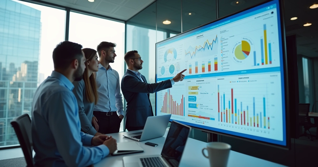 Profissionais analisando gráficos de desempenho de leads em um escritório moderno e tecnológico