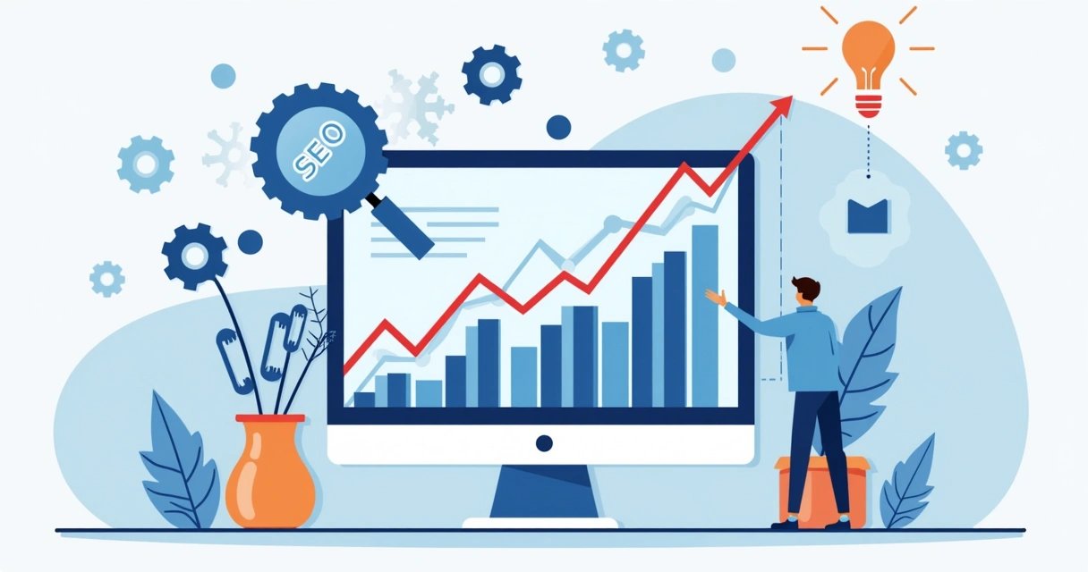 Ilustração corporativa plana mostrando uma tela de computador com gráficos de crescimento, ícones de engrenagens, lupa e cadeias representando SEO e otimização de sites