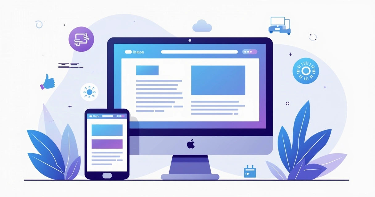 Dispositivos móveis e computador com elementos de site na tela em ilustração corporativa plana