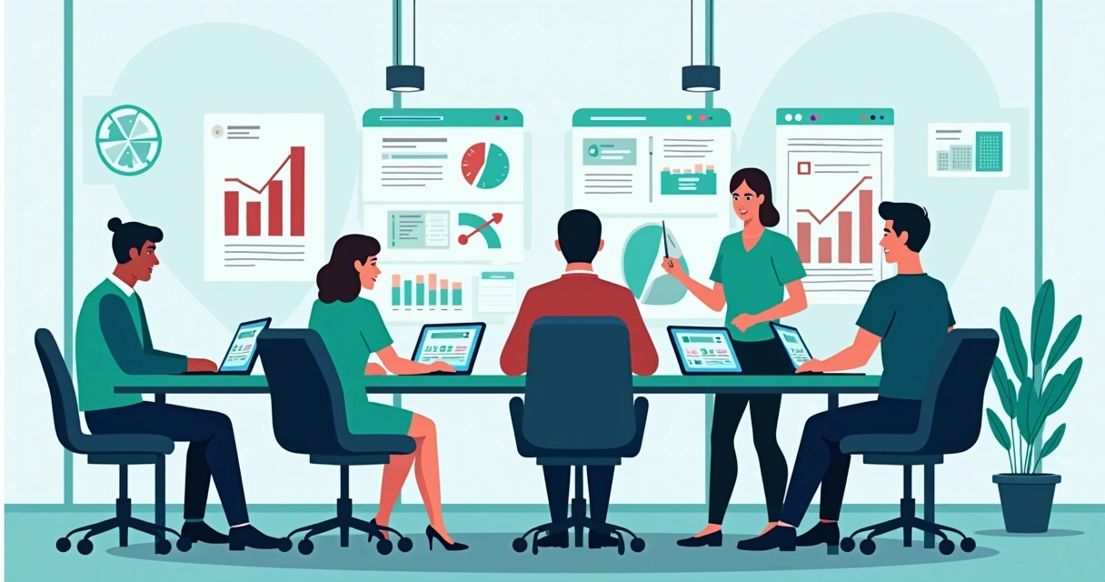 Equipe reunida analisando projetos de marketing, tecnologia e vendas em escritório moderno