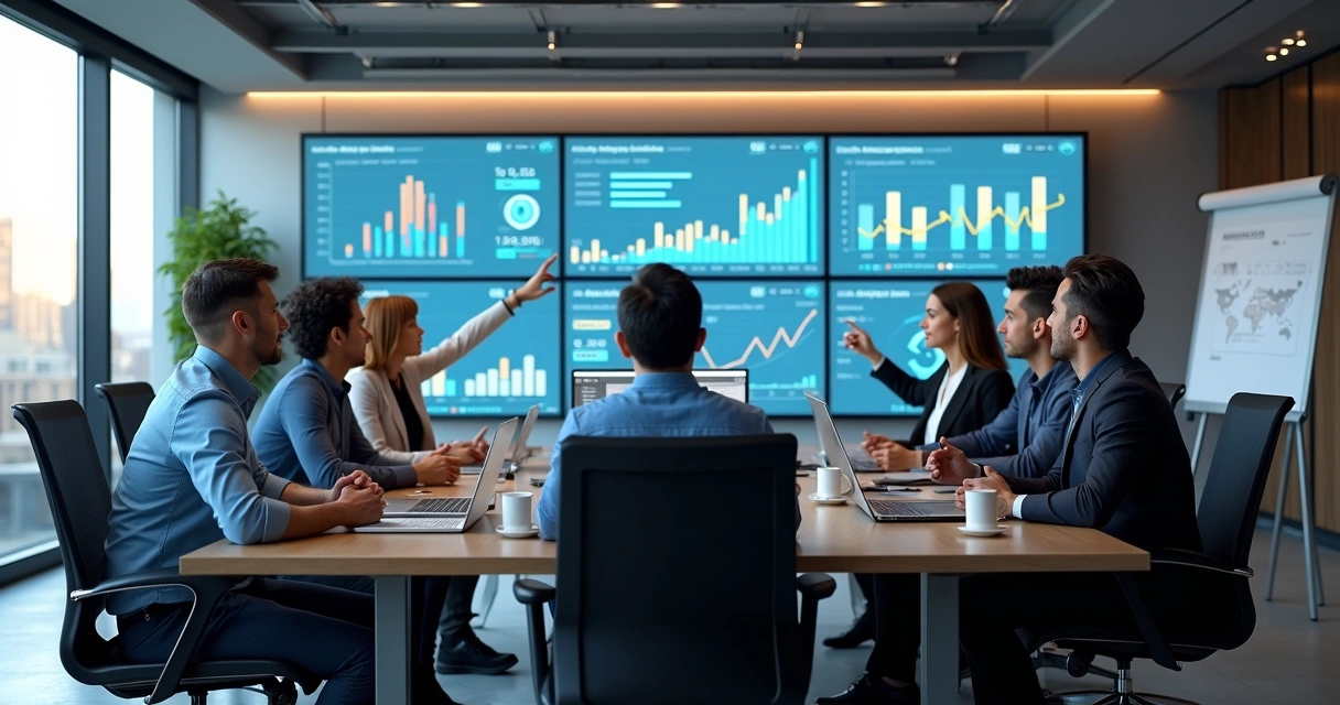 Equipe de vendas digitais analisando painel de indicadores de desempenho em monitores na sala moderna