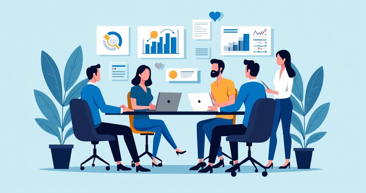 Ilustração corporativa plana de empresários pequenos reunidos em torno de um laptop com ícones digitais de tecnologia, marketing e vendas, mostrando gráficos e conexão em um fundo moderno azul e branco