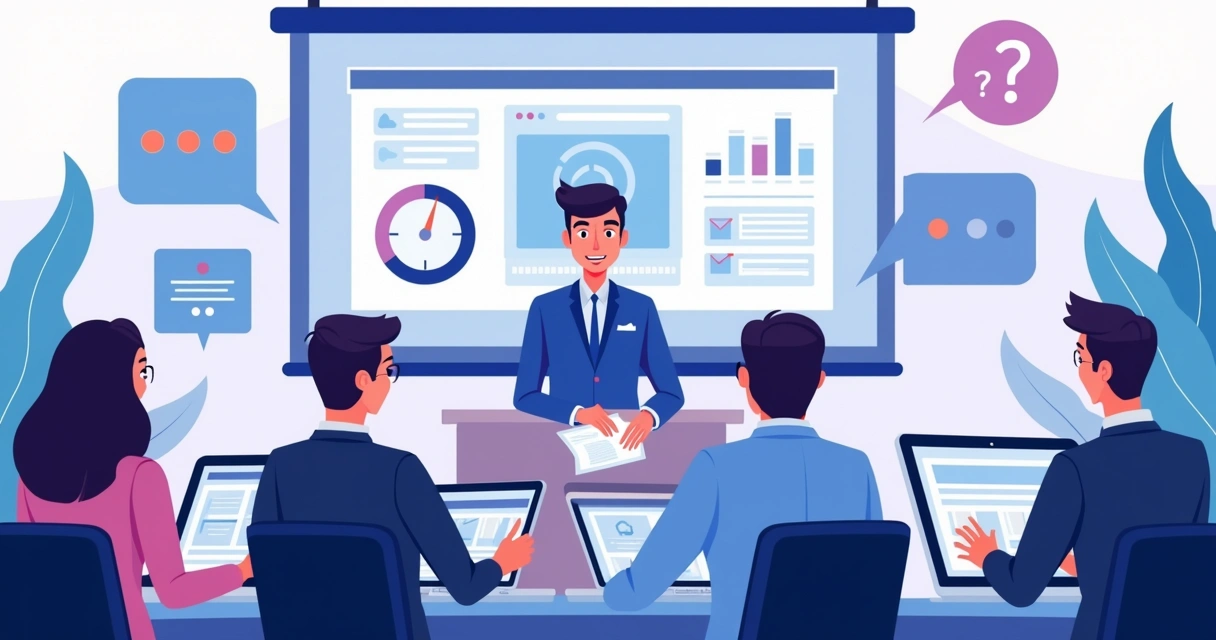 Ilustração corporativa flat de webinar interativo com transmissão ao vivo e participação do público