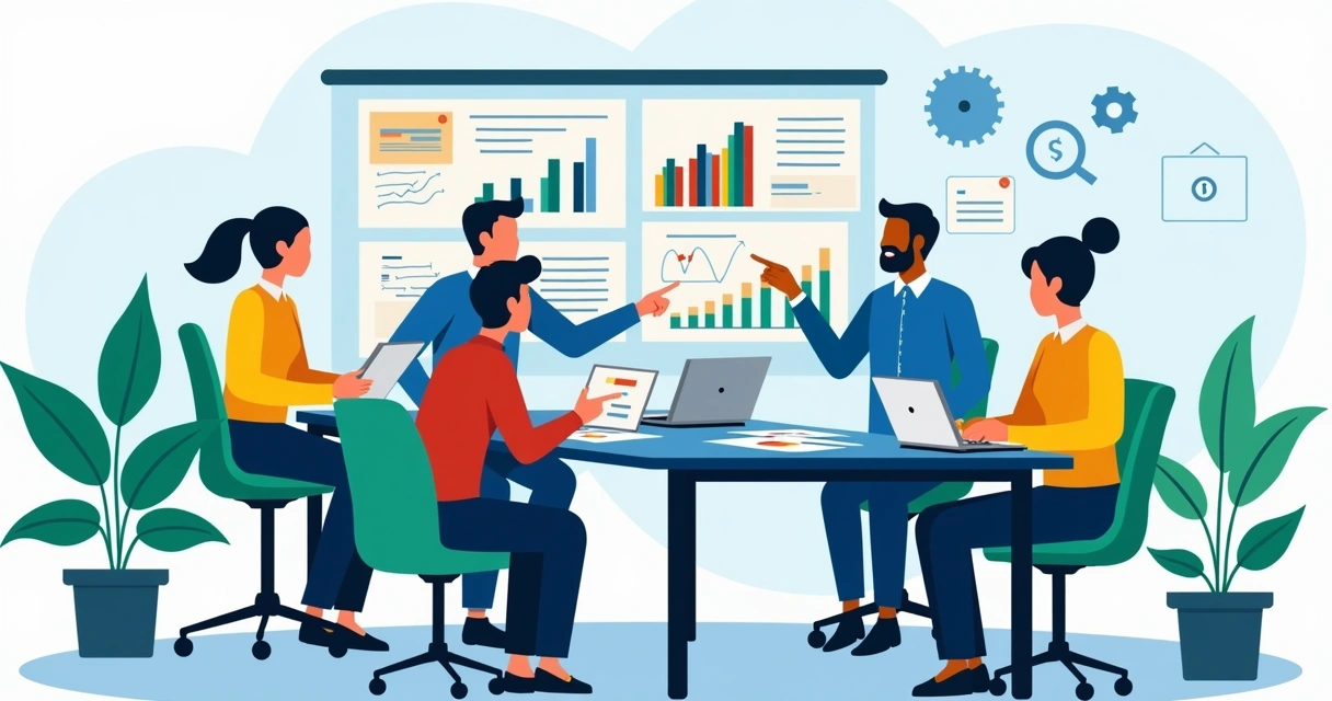 Ilustração corporativa mostrando equipe discutindo briefing de marketing em mesa com documentos, gráficos e laptops