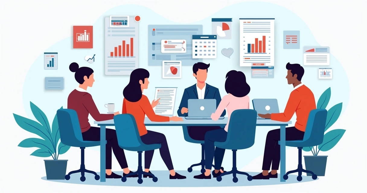 Ilustração corporativa plana mostrando equipe discutindo briefing com gráficos, agenda e computadores