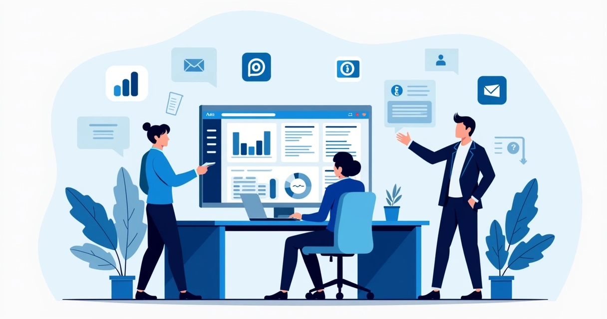 Ilustração corporativa plana mostrando tela de computador com painel de anúncios LinkedIn Ads e perfil profissional ao redor