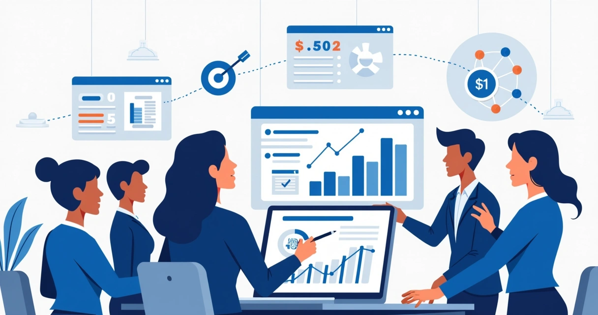 Ilustração plana corporativa mostrando equipe discutindo campanha de LinkedIn Ads em laptop com gráficos e ícones de público-alvo e orçamento