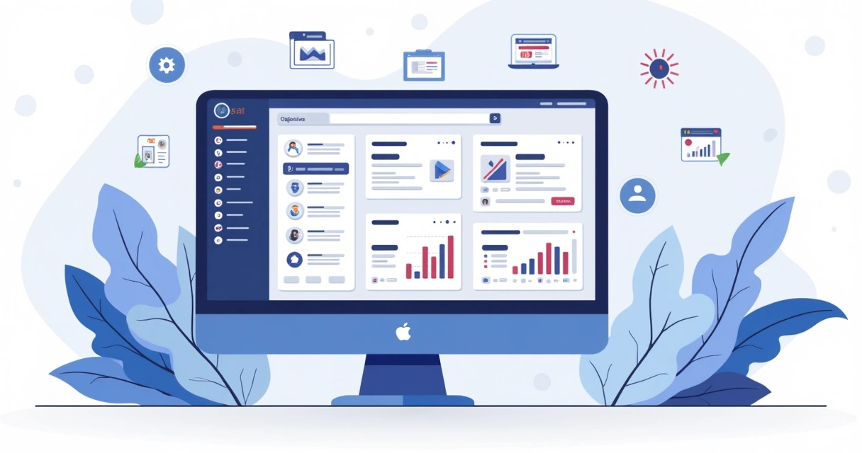 Ilustração flat corporativa mostrando tela de computador com gerenciador de anúncios do Instagram, gráficos de desempenho e ícones de formatos de anúncios