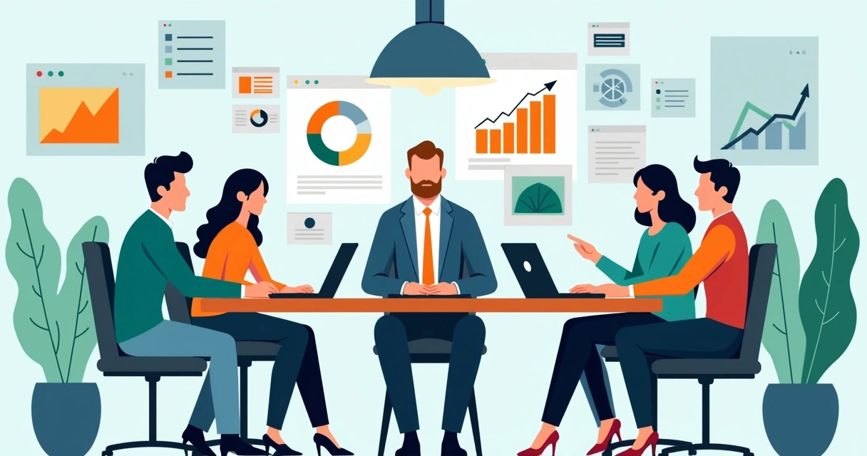 Equipe de marketing discutindo estratégias com gráficos e computadores