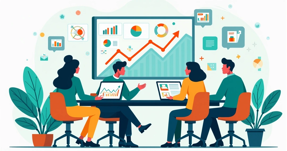 Equipe de marketing digital colaborando em estratégias de marketing e tecnologia em ambiente corporativo ilustrado