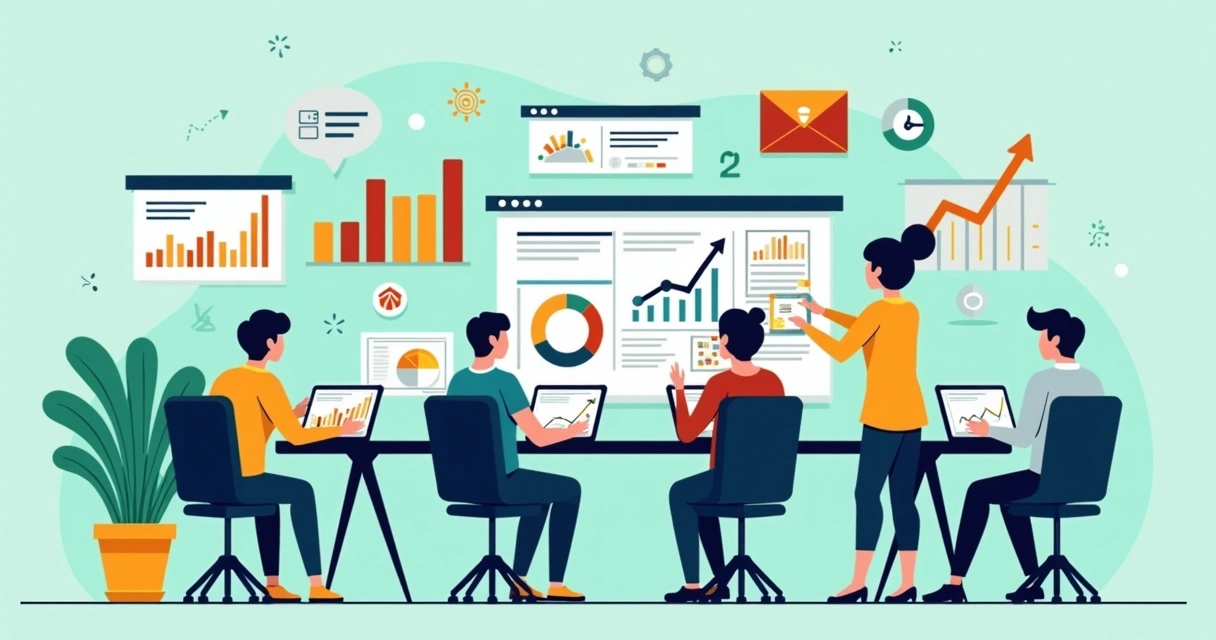 Ilustração corporativa mostrando equipe reunida analisando gráficos e estratégias de marketing digital em computador