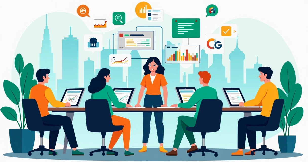 Ilustração corporativa plana de profissionais trabalhando em estratégia de marketing digital para empresas em Curitiba