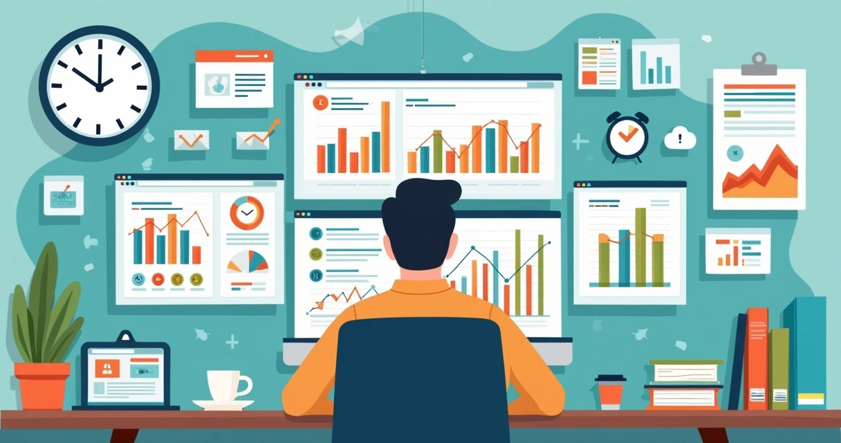 Ilustração corporativa de uma PME monitorando dados no Google Analytics 4 em um computador com gráficos coloridos na tela