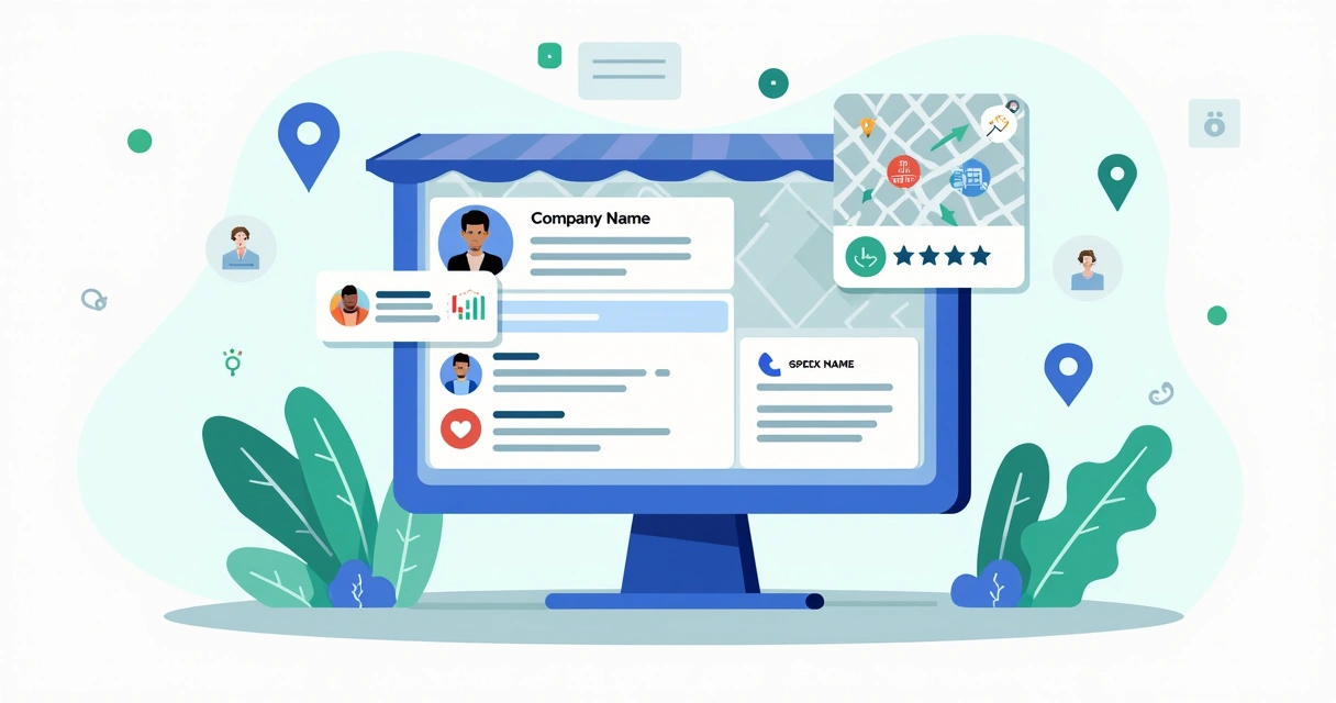 Ilustração corporativa de perfil empresarial no Google Meu Negócio mostrando informações como endereço, horário e avaliações