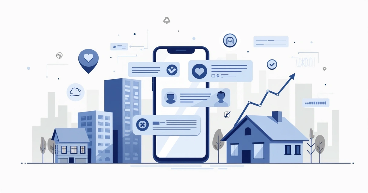 Ilustração corporativa mostrando práticas em redes sociais para setor imobiliário com prédios, smartphone e gráficos