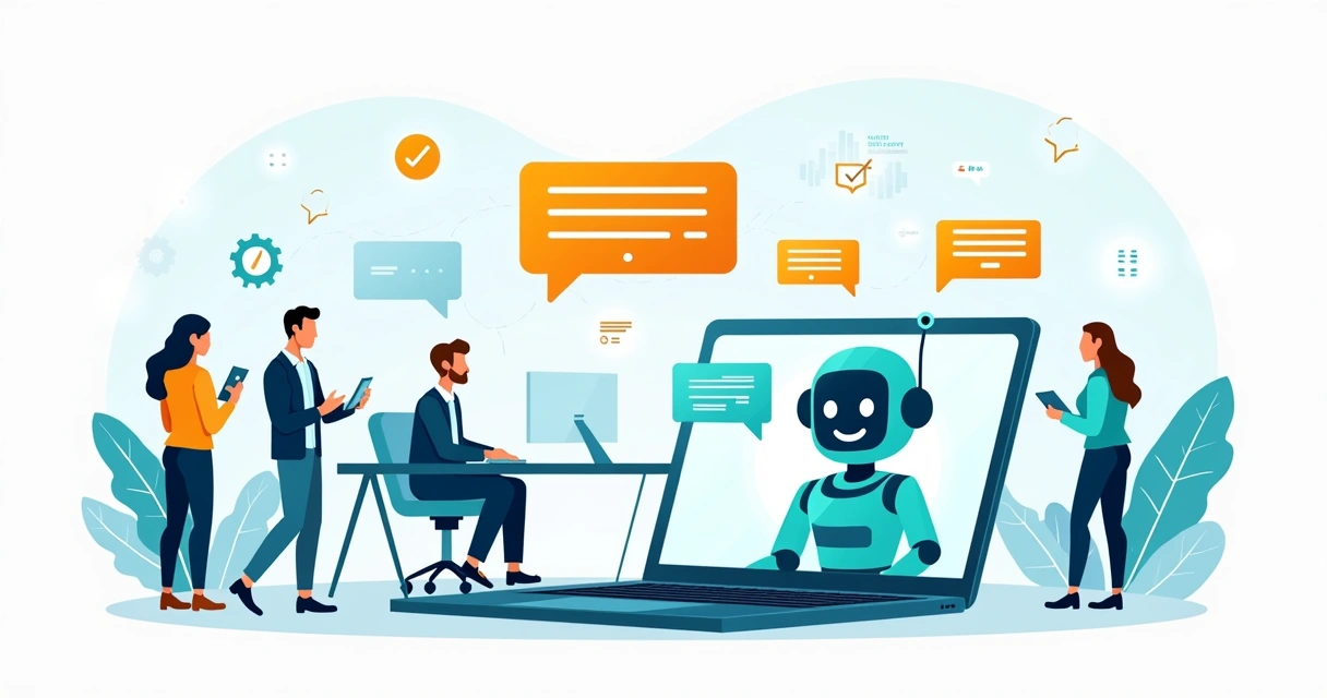 Ilustração de chatbot atendendo cliente em ambiente corporativo digital