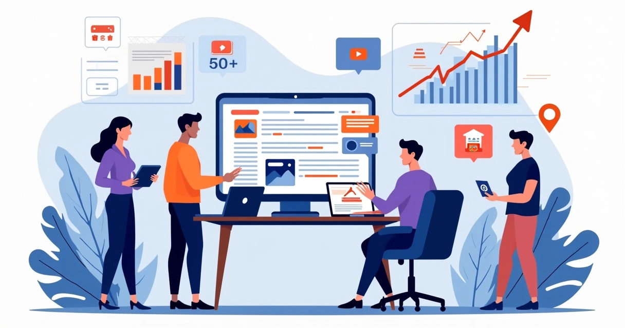 Equipe de pequena empresa criando conteúdos digitais em notebooks e celular