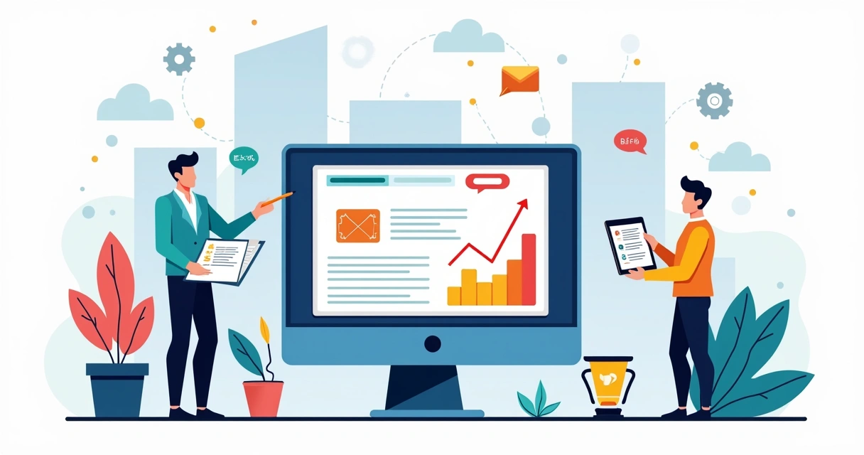 Ilustração de profissionais analisando copy para conversão B2B em um painel de métricas