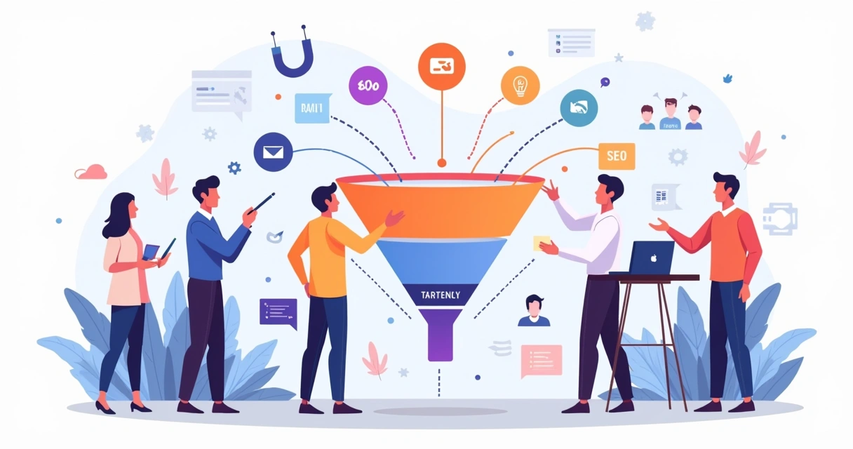 Equipe planejando funil de inbound marketing em painel com gráficos e ícones digitais