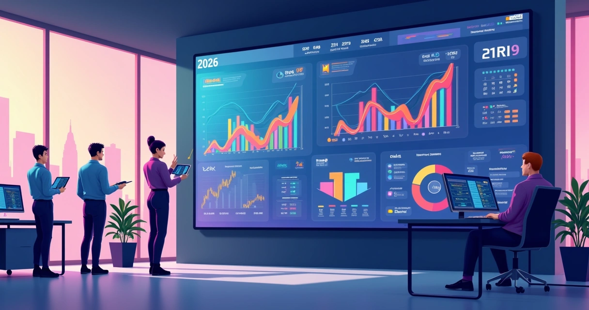 Equipe de marketing analisando painel de dados colorido em tela gigante