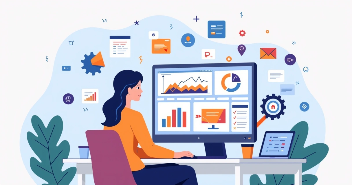 Gestor de marketing analisando painel com várias ferramentas digitais gratuitas