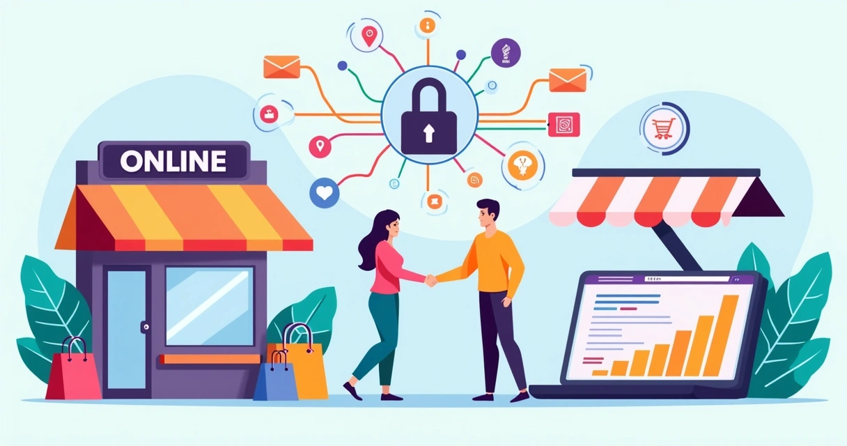 Ilustração de integração entre canais online e offline de vendas