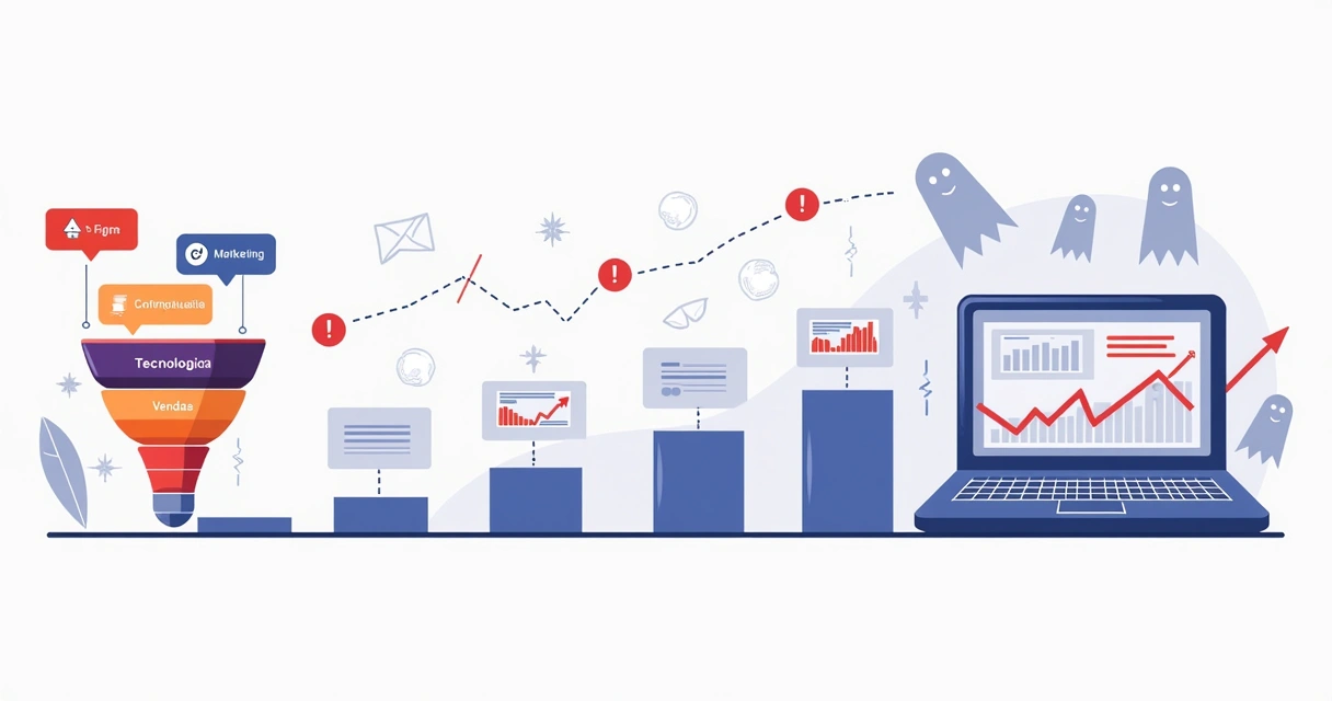 Ilustração de jornada do lead com etapas quebradas prejudicando vendas online