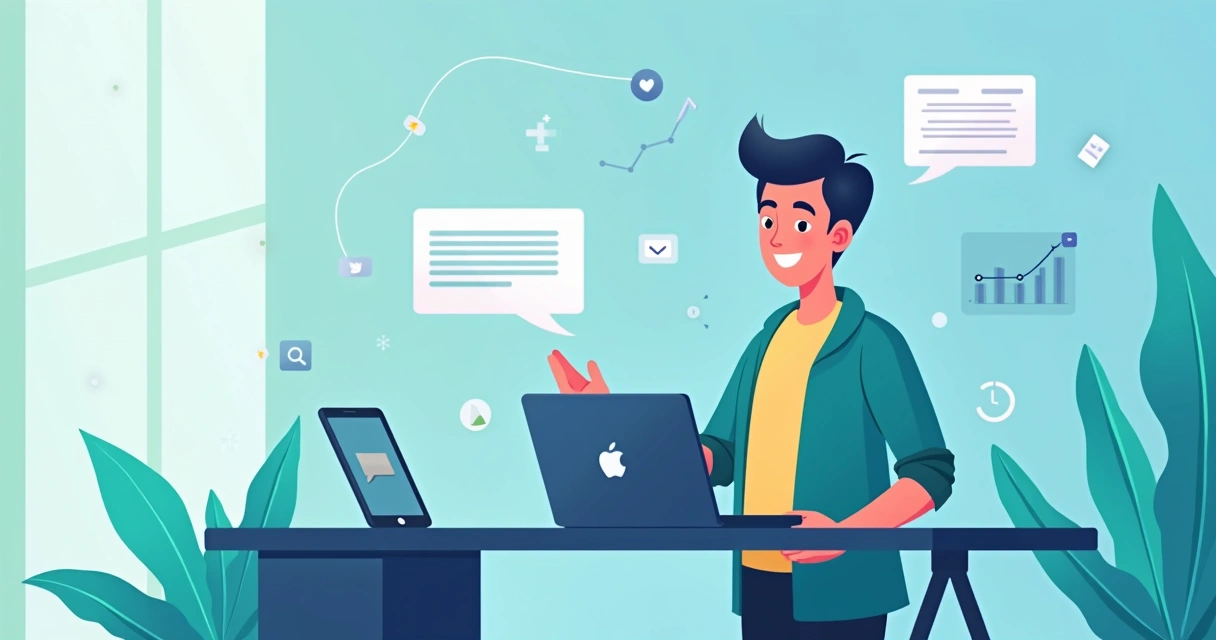 Ilustração corporativa flat de um dono de pequena empresa conversando com clientes via chat pelo celular e computador, gráficos de crescimento ao fundo e ícones de mensagens ao redor