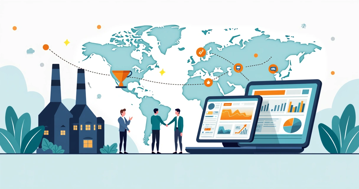 Ilustração de marketing industrial B2B com fábrica conectada a gráficos digitais
