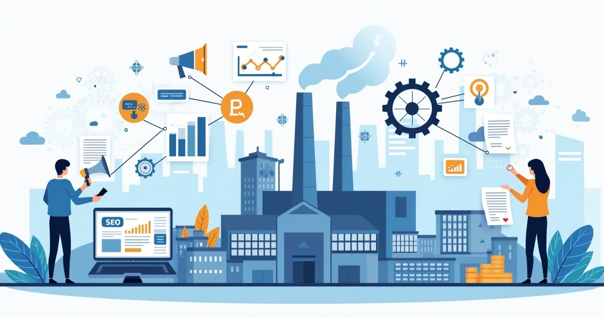 Ilustração de marketing industrial conectando fábrica, tecnologia e vendas B2B