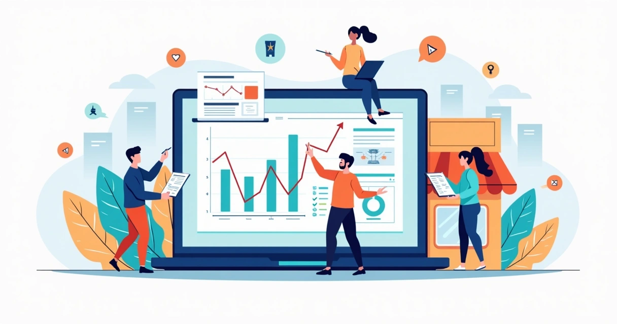 Ilustração de equipe analisando métricas de conteúdo para negócio local
