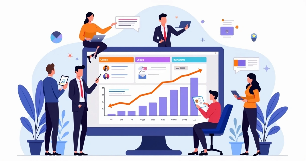 Equipe pequena de vendas analisando painel de prospecção outbound