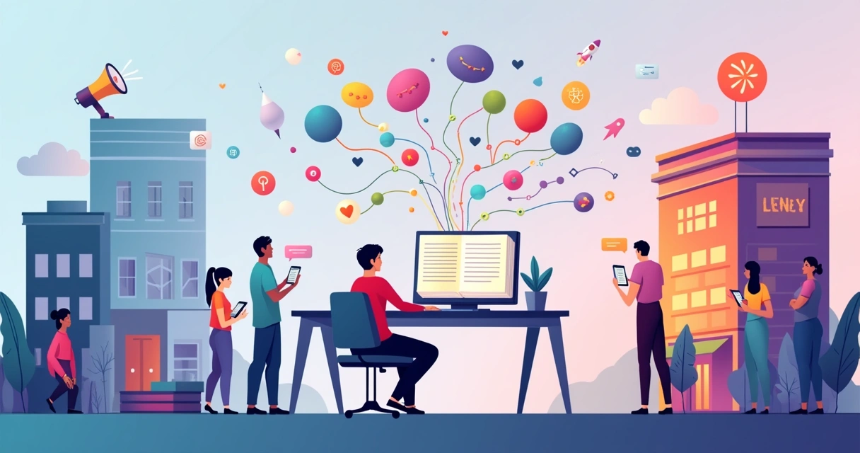 Ilustração de profissional de marketing criando storytelling de marca no computador