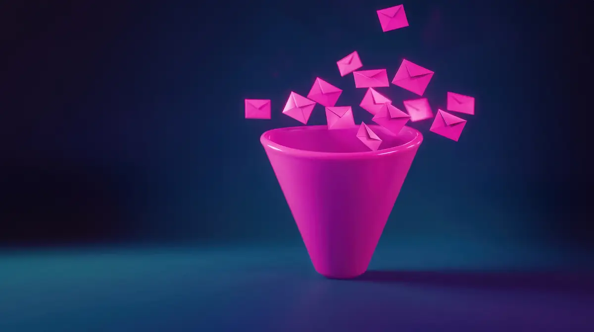 A pink funnel with tiny glowing envelopes flying out on the right side represents email marketing symbolizing lead generation Digital marketing