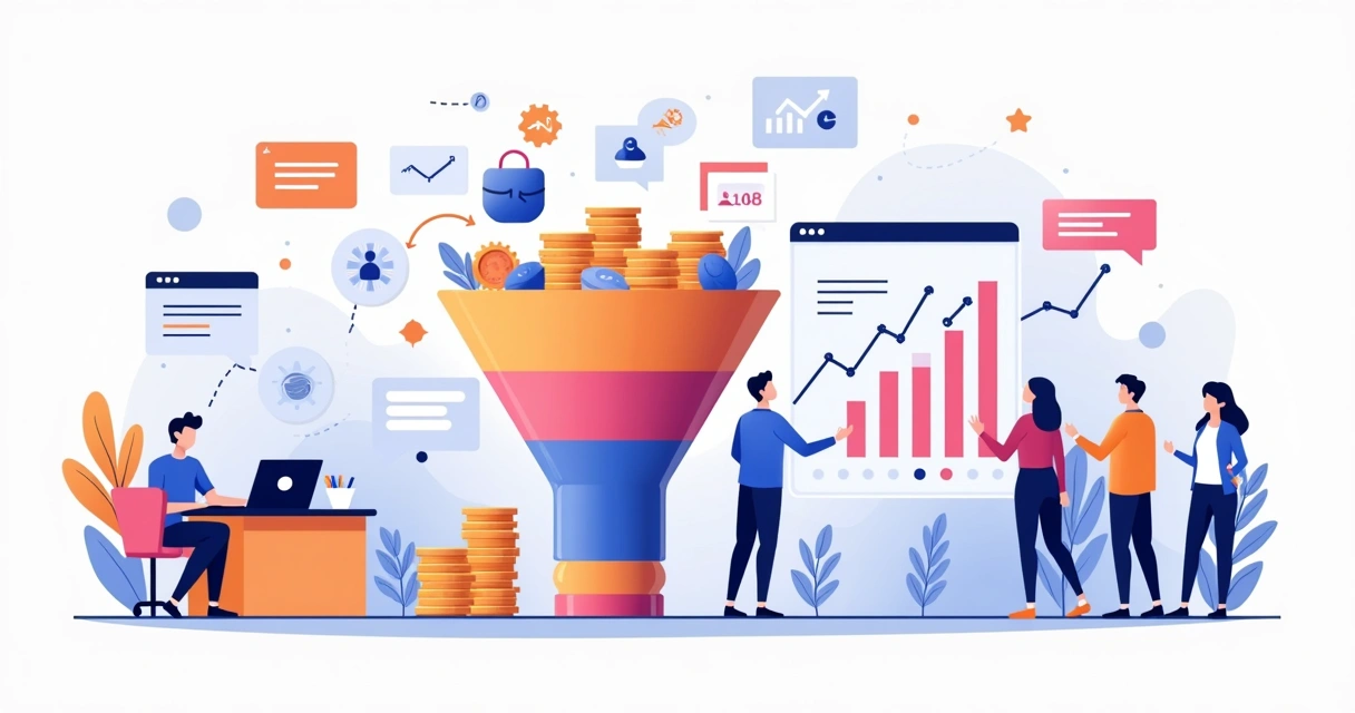 Ilustração de automação de vendas em pequenas empresas com funil digital e equipe analisando dados