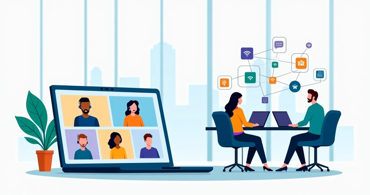 Equipe híbrida colaborando em reunião online e presencial