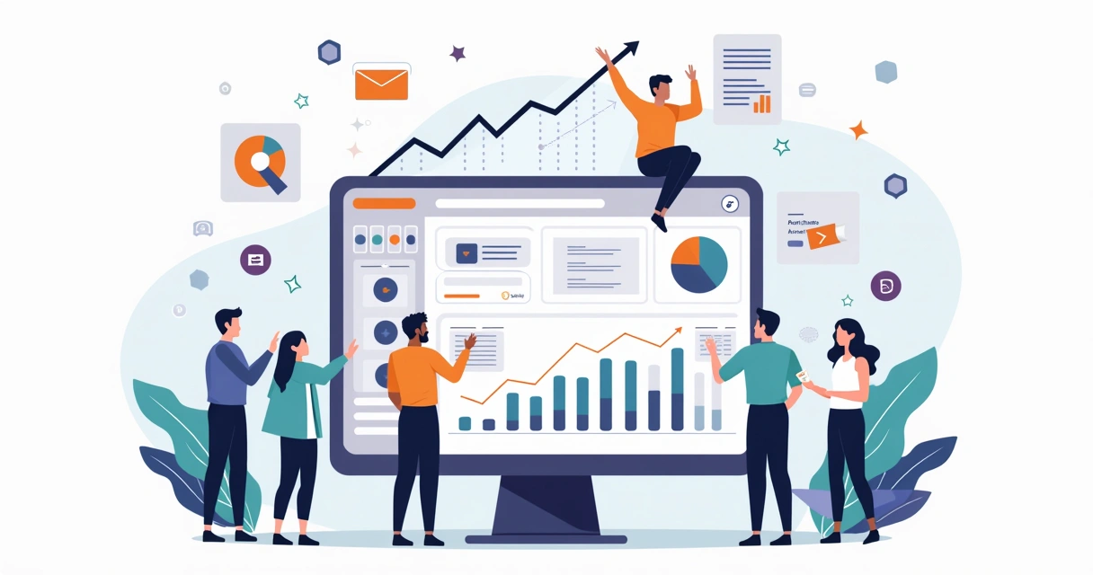 Ilustração de equipe de marketing e vendas conectada por sistema de CRM