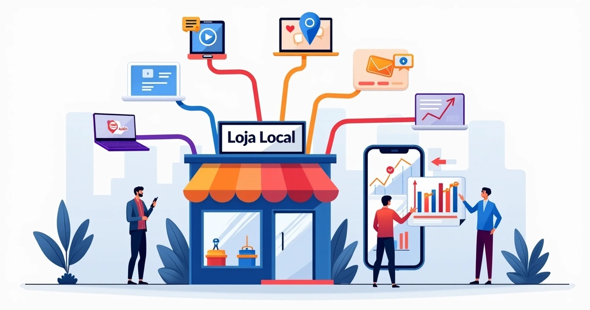 Ilustração de marketing omnichannel conectando loja física e canais digitais