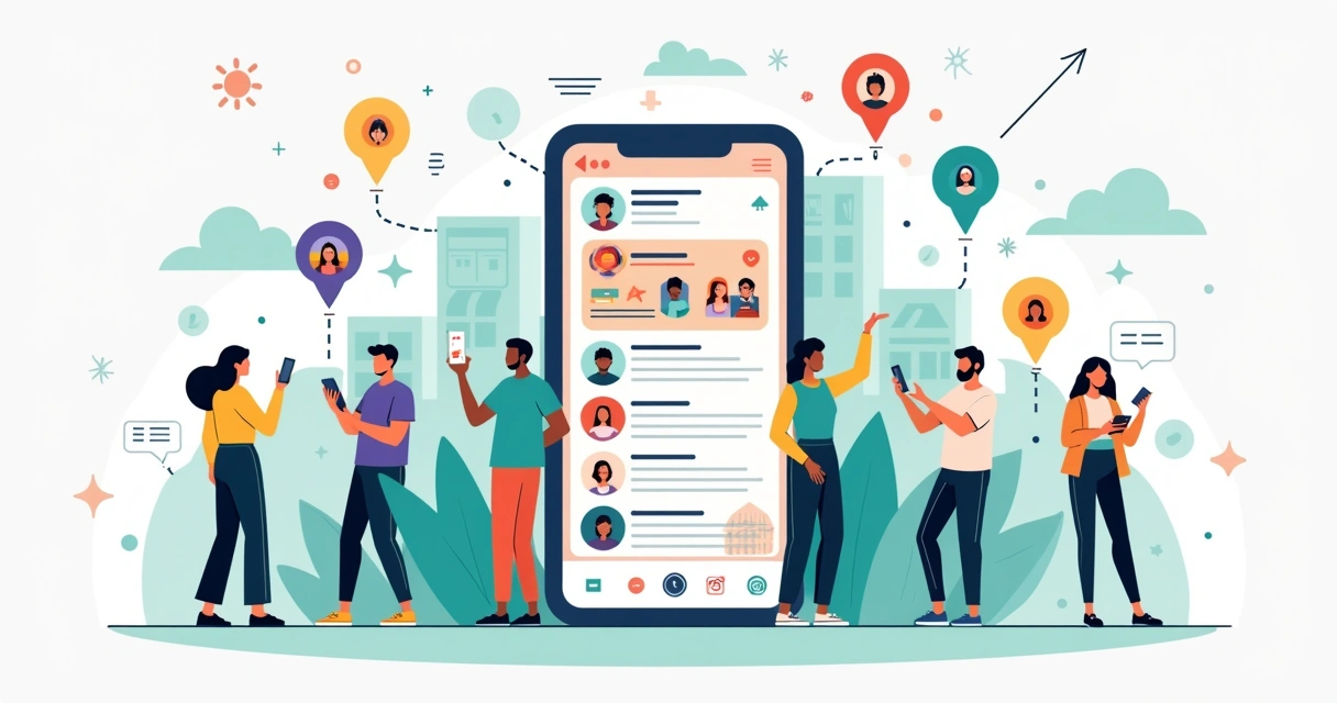 Ilustração de micro influenciadores conectados a pequenas empresas locais em mapa regional