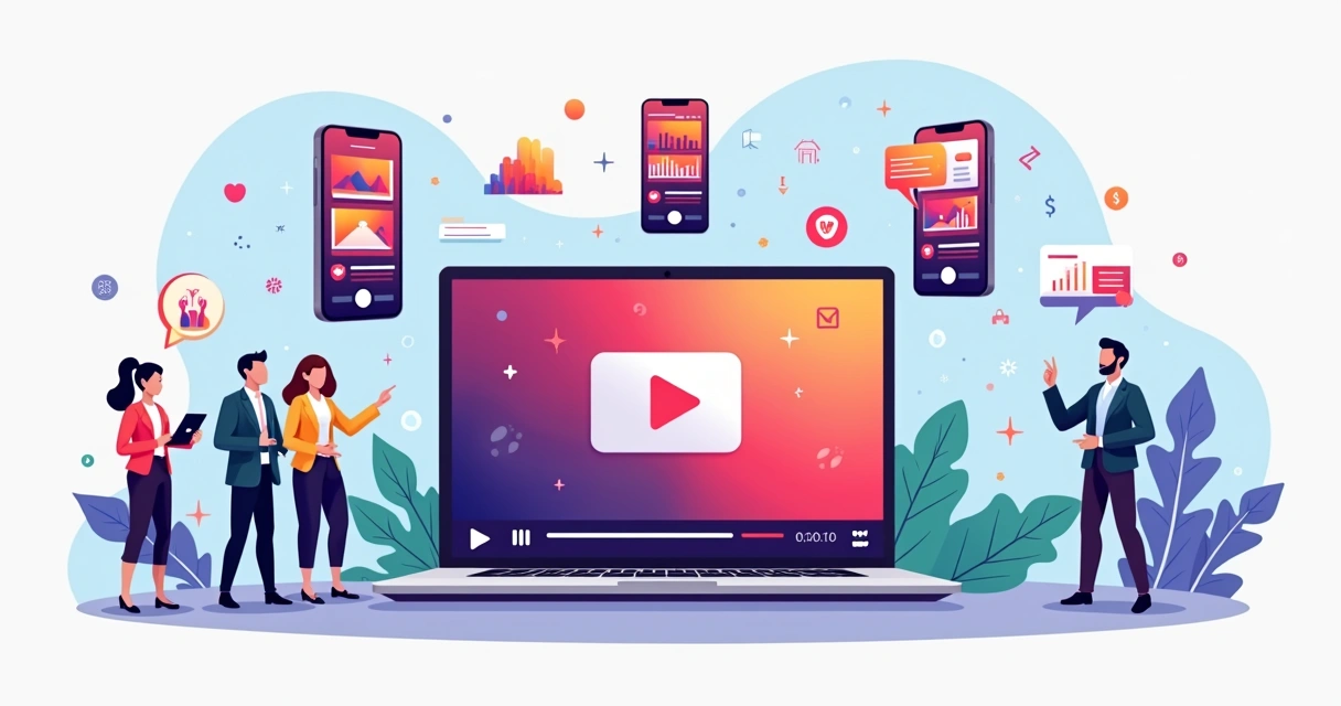 Ilustração de profissionais analisando estratégias de vídeo marketing em múltiplas telas