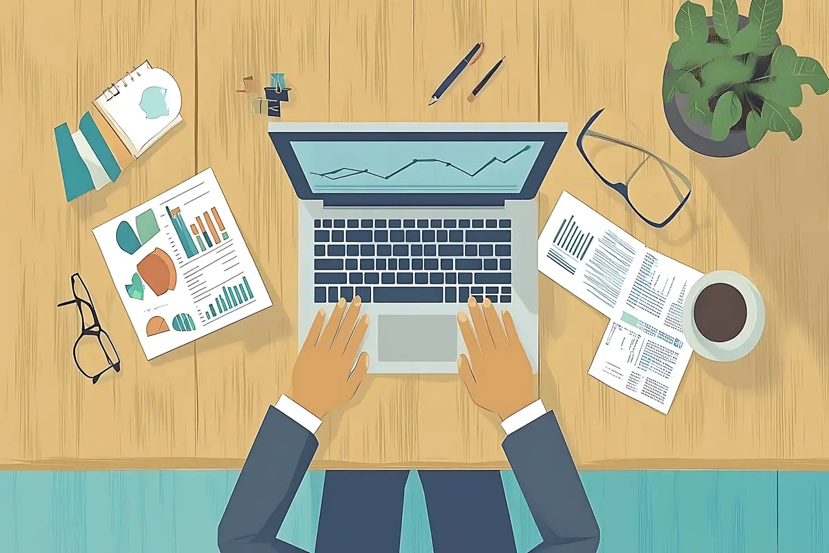 a man is sitting at a desk with a laptop and the word on it