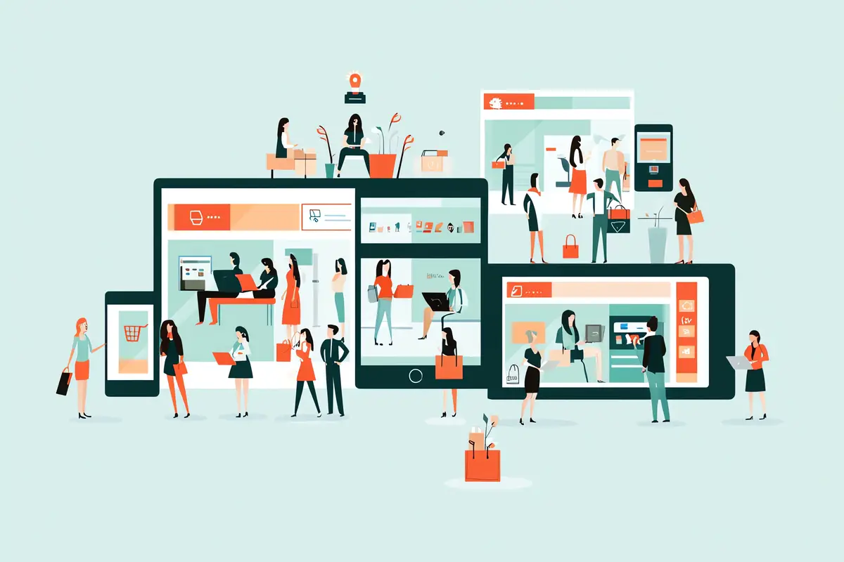 a cartoon of people shopping in a mall with a lot of shoppers